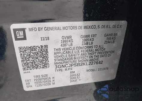 2019 Chevrolet Trax Lt z USA, uszkodzony, nr VIN 3GNCJPSB2KL227642